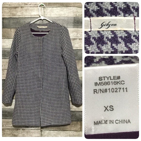 Gibson Houndstooth Plaid Blazer Women’s XS Gray Purple No Show Button - Picture 1 of 10